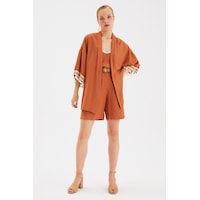 Sateen Kol Detaylı Salaş Keten Kimono - Taba Sateen Kol Detaylı Salaş Keten Kimono - Taba