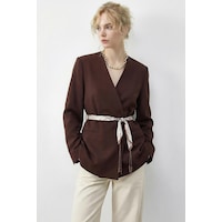 Shade Kadın Kruvaze Yaka Fular Kemerli Kadın Blazer Ceket 8014 60283988 - Kahverengi Shade Kadın Kruvaze Yaka Fular Kemerli Kadın Blazer Ceket 8014 60283988 - Kahverengi
