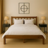140cm X 190cm Masif Ahşap 2 Kişilik Yuvarlak Çıtalı Başlıklı Karyola Ceviz Rengi