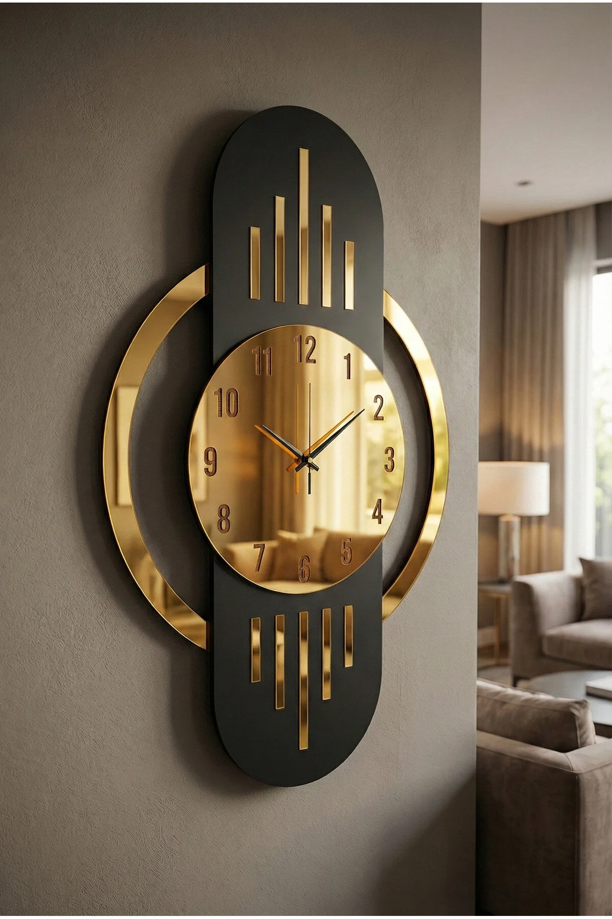 Siyah Renk Aynalı Sayılı Hediyelik Ahşap Dekoratif Sessiz Büyük Boy Tablo Duvar Saati 70cm Siyah - Altın Siyah Renk Aynalı Sayılı Hediyelik Ahşap Dekoratif Sessiz Büyük Boy Tablo Duvar Saati 70cm Siyah - Altın