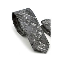 Gaffy Siyah Beyaz Motif Desenli Gri Dokuma Kumaş Mendilli Slim Fit Krav Siyah Gaffy Siyah Beyaz Motif Desenli Gri Dokuma Kumaş Mendilli Slim Fit Krav Siyah