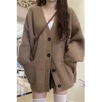 Kadın Oversize Cepli Düğmeli V Yaka Triko Hırka Krem Kadın Oversize Cepli Düğmeli V Yaka Triko Hırka Krem