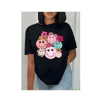 Medinenur Gülen Yüzler Baskılı Basic T-shirt Siyah Medinenur Gülen Yüzler Baskılı Basic T-shirt Siyah