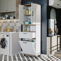 Çamaşır Sepetli Banyo Dolabı, Çok Amaçlı Dolap 60 X 200, Roomart Atlantik Çam - Beyaz