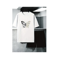 Uyguntarz Unisex Papatya Kelebek Tasarım Basklı Tshirt Şort Takımı Beyaz Uyguntarz Unisex Papatya Kelebek Tasarım Basklı Tshirt Şort Takımı Beyaz