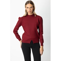 On Minimalist Uzun Kol Yüksek Yaka Kadın Kazak - Crop Kesim Bordo On Minimalist Uzun Kol Yüksek Yaka Kadın Kazak - Crop Kesim Bordo