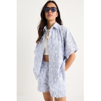 Kadın Çizgili Oversize Saçaklı Gömlek Cep Detaylı Beli Lastikli Şort Takım Dt251021 60283390 - Mavi-beyaz Kadın Çizgili Oversize Saçaklı Gömlek Cep Detaylı Beli Lastikli Şort Takım Dt251021 60283390 - Mavi-beyaz