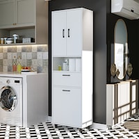 Çamaşır Sepetli Banyo Dolabı, Çok Amaçlı Çekmeceli Dolap 60 X 200 Mat Beyaz Çamaşır Sepetli Banyo Dolabı, Çok Amaçlı Çekmeceli Dolap 60 X 200 Mat Beyaz