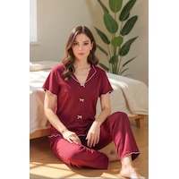Bella Notte Pamuklu Bordo V Yaka Yazlık Pijama Takımı Bella Notte Pamuklu Bordo V Yaka Yazlık Pijama Takımı