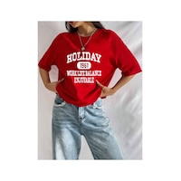 Medinenur Unisex Holiday Baskılı Tshirt Kırmızı Medinenur Unisex Holiday Baskılı Tshirt Kırmızı