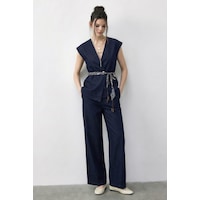 Shade Kadın Kruvaze Yaka Saten Kuşaklı Yelek Bol Pantolon Alt-üst Denim Takım 9415 60286044 - Lacivert Shade Kadın Kruvaze Yaka Saten Kuşaklı Yelek Bol Pantolon Alt-üst Denim Takım 9415 60286044 - Lacivert