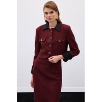 Sateen Kontrast Kısa Tüvit Ceket - Bordo-136337 Bordo Sateen Kontrast Kısa Tüvit Ceket - Bordo-136337 Bordo