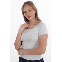 Monox Kadın Fitilli Likralı Pamuk Basic Tshirt Gri Monox Kadın Fitilli Likralı Pamuk Basic Tshirt Gri