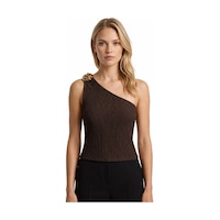 Cottonhıll Premium - Tide Collection Kahverengi Tek Omuz Çiçek Aksesuarlı Bürümcük Dokulu Kadın Crop Bluz Cottonhıll Premium - Tide Collection Kahverengi Tek Omuz Çiçek Aksesuarlı Bürümcük Dokulu Kadın Crop Bluz