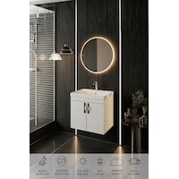 Ege 60 Cm Led Aynalı, 2 Kapaklı Banyo Dolabı Seti, Seramik Lavabo Dahil, Led'li Beyaz Ege 60 Cm Led Aynalı, 2 Kapaklı Banyo Dolabı Seti, Seramik Lavabo Dahil, Led'li Beyaz