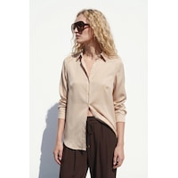 Sateen Çizgi Desen Gömlek - Bej-137549 Sateen Çizgi Desen Gömlek - Bej-137549