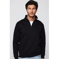 Tudors Unisex Relax Fit Rahat Kesim Pamuklu İçi Polarlı Yarım Fermuarlı Siyah Dik Yaka Sweatshirt-29035 Tudors Unisex Relax Fit Rahat Kesim Pamuklu İçi Polarlı Yarım Fermuarlı Siyah Dik Yaka Sweatshirt-29035