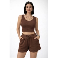 Trend Alisse Kadın Beli Lastikli Şort Crop Alt Üst İkili Takım Kahverengi Trend Alisse Kadın Beli Lastikli Şort Crop Alt Üst İkili Takım Kahverengi