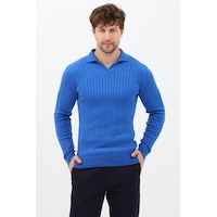 Saks Erkek Polo Yaka Fitilli Triko Kazak Saks Saks Erkek Polo Yaka Fitilli Triko Kazak Saks