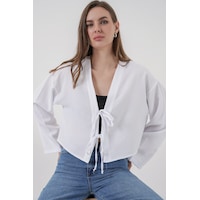 Bigdart Önü Bağlamalı Keten Kimono 960 - Beyaz Bigdart Önü Bağlamalı Keten Kimono 960 - Beyaz