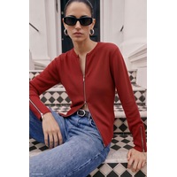 Sateen Kollları Fermuar Detaylı Hırka - Kırmızı-137914