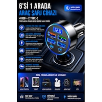 Hızlı Araç Çakmaklık Şarj Cihazı 6 Portlu 4 Usb + 2 Type-c Çıkışlı Dijital Göstergeli Oto Şarjı Hızlı Araç Çakmaklık Şarj Cihazı 6 Portlu 4 Usb + 2 Type-c Çıkışlı Dijital Göstergeli Oto Şarjı