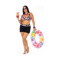 Büyük Beden Kalın Askılı Sabit Pedli Kadın Şortlu Bikini Takım Desenli