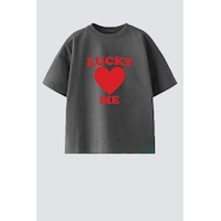 Monila Kız Çocuk Pamuklu Bisiklet Yaka Kalp Baskılı T-shirt Antrasit