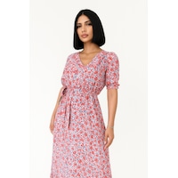 Çiçek Desenli Yırtmaçlı Elbise - Pembe Çiçek Desenli Yırtmaçlı Elbise - Pembe