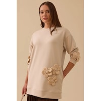 Kadın Çiçek Detaylı Cepli Sweatshirt - Bej Bej