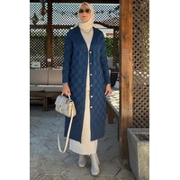 Rabia Şamlı Dama Desenli Triko Hırka İndigo Normal Rabia Şamlı Dama Desenli Triko Hırka İndigo Normal