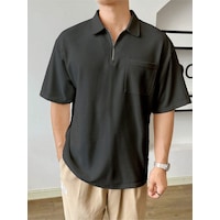 Genius Store Erkek Oversize Polo Yaka Waffle T-shirt Poloyaka-fermuarlı Füme Genius Store Erkek Oversize Polo Yaka Waffle T-shirt Poloyaka-fermuarlı Füme