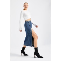 it's basic Kadın Tint Kot Rengi Tilia Önü Düğmeli Maxi Boy Denim Etek it's basic Kadın Tint Kot Rengi Tilia Önü Düğmeli Maxi Boy Denim Etek