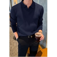 Cool Tarz Erkek Polo Yaka Triko Kazak Slim Fit Fitilli Lacivert Cool Tarz Erkek Polo Yaka Triko Kazak Slim Fit Fitilli Lacivert