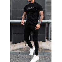 Uyguntarz Unisex Alpha Baskılı 2'li Eşofman Takımı Siyah Uyguntarz Unisex Alpha Baskılı 2'li Eşofman Takımı Siyah