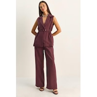 Kadın Beli Lastikli Toka Detaylı Astarlı Yelek Çift Pileli Bol Pantolon Modal Takım 9409 60286093 - Mürdüm Kadın Beli Lastikli Toka Detaylı Astarlı Yelek Çift Pileli Bol Pantolon Modal Takım 9409 60286093 - Mürdüm