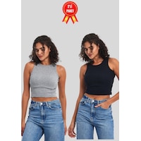 Mmetalic Kadın Siyah-beyaz Fitilli Görünümlü Askılı Kalın Esnek Örme 2'li Basic Crop Atlet Bluz 001