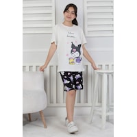 I Love Kuromi Baskılı Kısa Kollu Şort Pijama Takımı Beyaz I Love Kuromi Baskılı Kısa Kollu Şort Pijama Takımı Beyaz