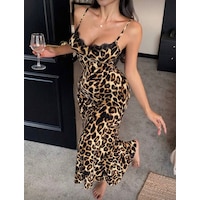 Trend Dokunuş Kadın Pamuklu Leopar Desenli Dantel Detaylı İnceaskılı Uzungecelik Elbise Kahverengi - Leopar Trend Dokunuş Kadın Pamuklu Leopar Desenli Dantel Detaylı İnceaskılı Uzungecelik Elbise Kahverengi - Leopar