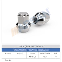 20 Adet 19 Anahtar Çelik Jant BİJON Somunu 12X1.5 20 Adet 19 Anahtar Çelik Jant BİJON Somunu 12X1.5
