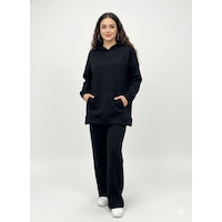 Soft&Basic Kapüşonlu Yanları Çıt Çıt Detaylı Sweatshirt Ve Nervürlü Pantolon Alt Üst Takım Siyah Soft&Basic Kapüşonlu Yanları Çıt Çıt Detaylı Sweatshirt Ve Nervürlü Pantolon Alt Üst Takım Siyah