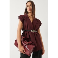 Shade Kadın Cep Detaylı Kemerli Vatkalı Oversize Astarlı Blazer Yelek 11143 60281003 - Bordo Shade Kadın Cep Detaylı Kemerli Vatkalı Oversize Astarlı Blazer Yelek 11143 60281003 - Bordo