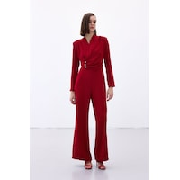 Sateen Fiyonk Aksesuarlı Krep Tulum - Kırmızı-136702 Kırmızı Sateen Fiyonk Aksesuarlı Krep Tulum - Kırmızı-136702 Kırmızı