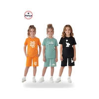 Fyk Kids 3'lü Yuvarlak Yaka Tişört Renkli Kapri Baskı Detaylı 6 Parça Kız Çocuk Alt Üst Takım Turuncu - Mint Yeşili Fyk Kids 3'lü Yuvarlak Yaka Tişört Renkli Kapri Baskı Detaylı 6 Parça Kız Çocuk Alt Üst Takım Turuncu - Mint Yeşili