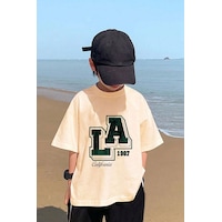 Uyguntarz Unisex Çocuk Los Angles Baskılı Pamuklu Tshirt Bej Uyguntarz Unisex Çocuk Los Angles Baskılı Pamuklu Tshirt Bej