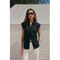Sateen Kol Detaylı Gömlek - Siyah-137575 Sateen Kol Detaylı Gömlek - Siyah-137575