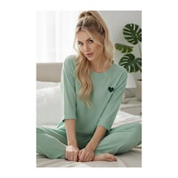 Siyah İnci Soft Touch Ince Örme Nakışlı Pijama Takım Yeşil Siyah İnci Soft Touch Ince Örme Nakışlı Pijama Takım Yeşil