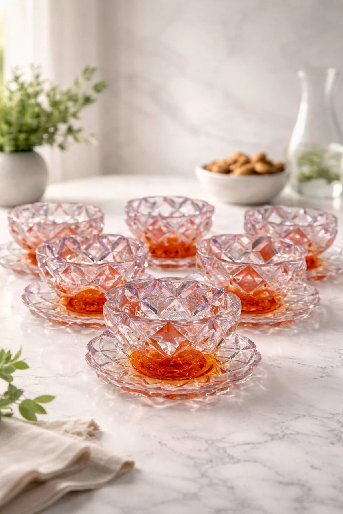 12 Parça Kristal Cam Renkli Çerezlik Kase Tabak Gri - Turuncu 12 Parça Kristal Cam Renkli Çerezlik Kase Tabak Gri - Turuncu