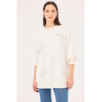 Seçil Kadın Yuvarlak Yaka Taş Detaylı Sweatshirt 1020 Ekru Ekru