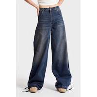it's basic Kadın T.kot Rengi 2w5-8 Straight Palazzo Fit Paçası Bağcıklı Süper Bol Kesim %100 Koton Denim Jean